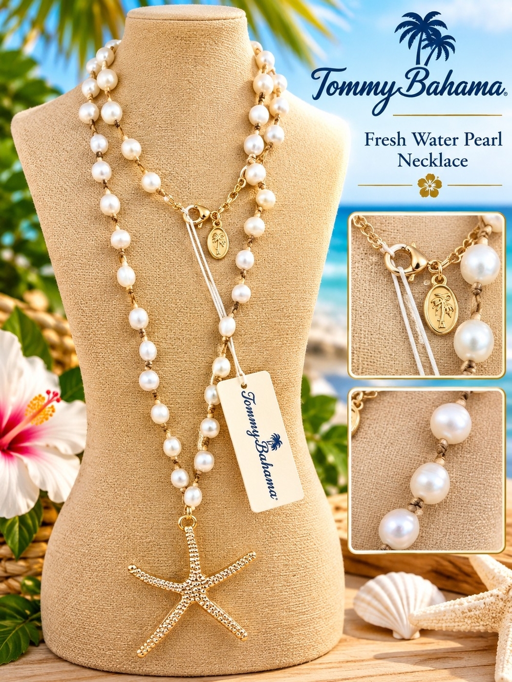 Tommy Bahama Gold and White Pearl Starfish Layered Necklace 150